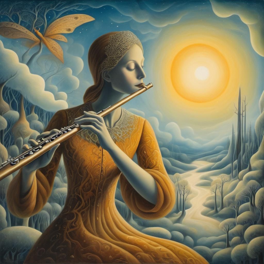 Surreal Woman Plays Flute in Mystical Forest