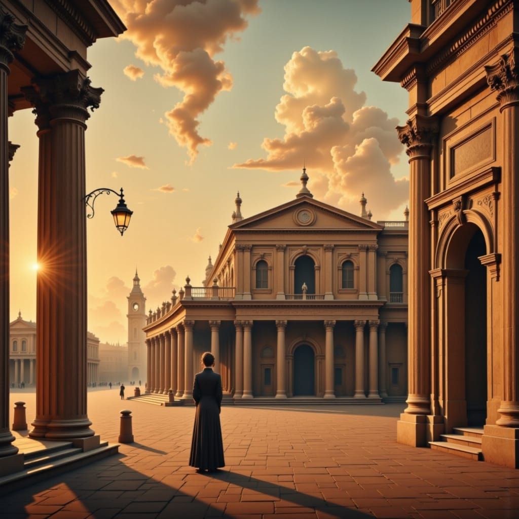 <lora:Nexus magic:1.0> <lora:Surreal abstract art:1.0> <lora:Steampunk:1.0> A metaphysical city square at sunset in the ...