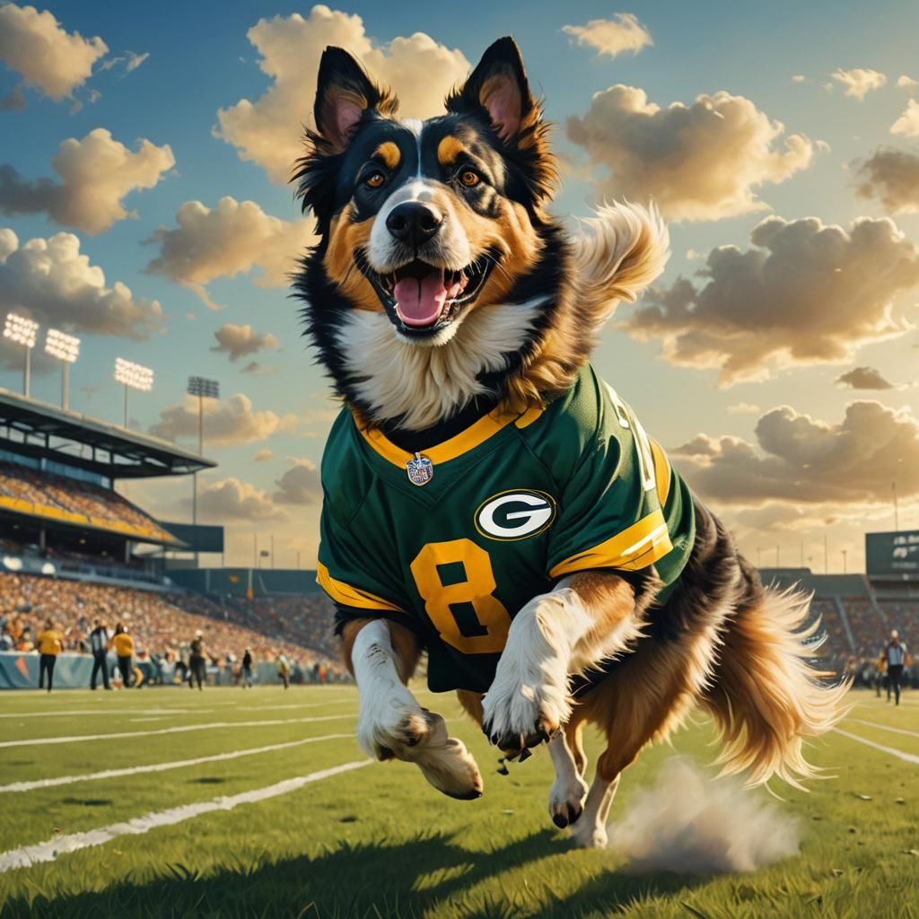 Happy Dog in Green Bay Jersey: Oil Painting
