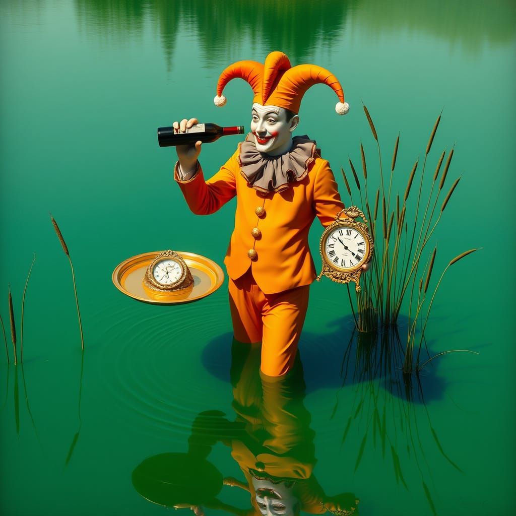 Surreal Jester with Clock in Emerald Water
