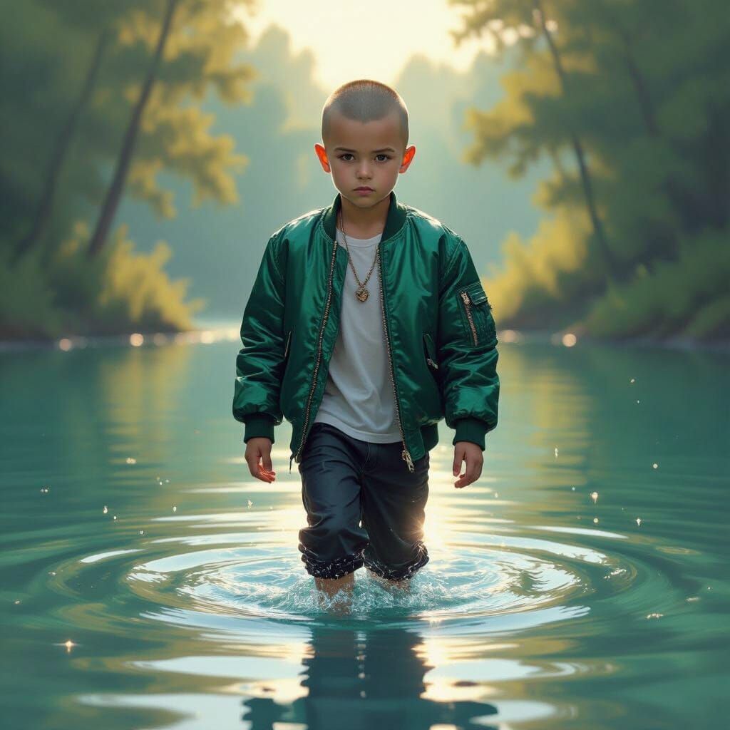 Punk Boy in Emerald Jacket Enters Sunlit Lake