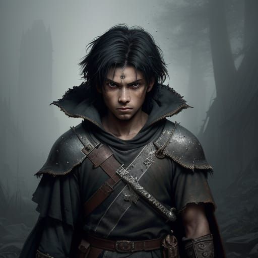 Medieval Boy in Tattered Robes, Clutching Ebony Sword