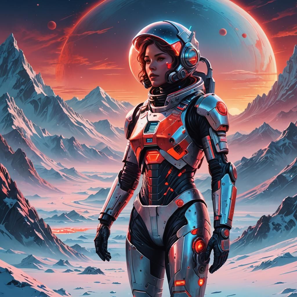 Cyborg Woman on Snowy Planet in Retro-Futuristic Style
