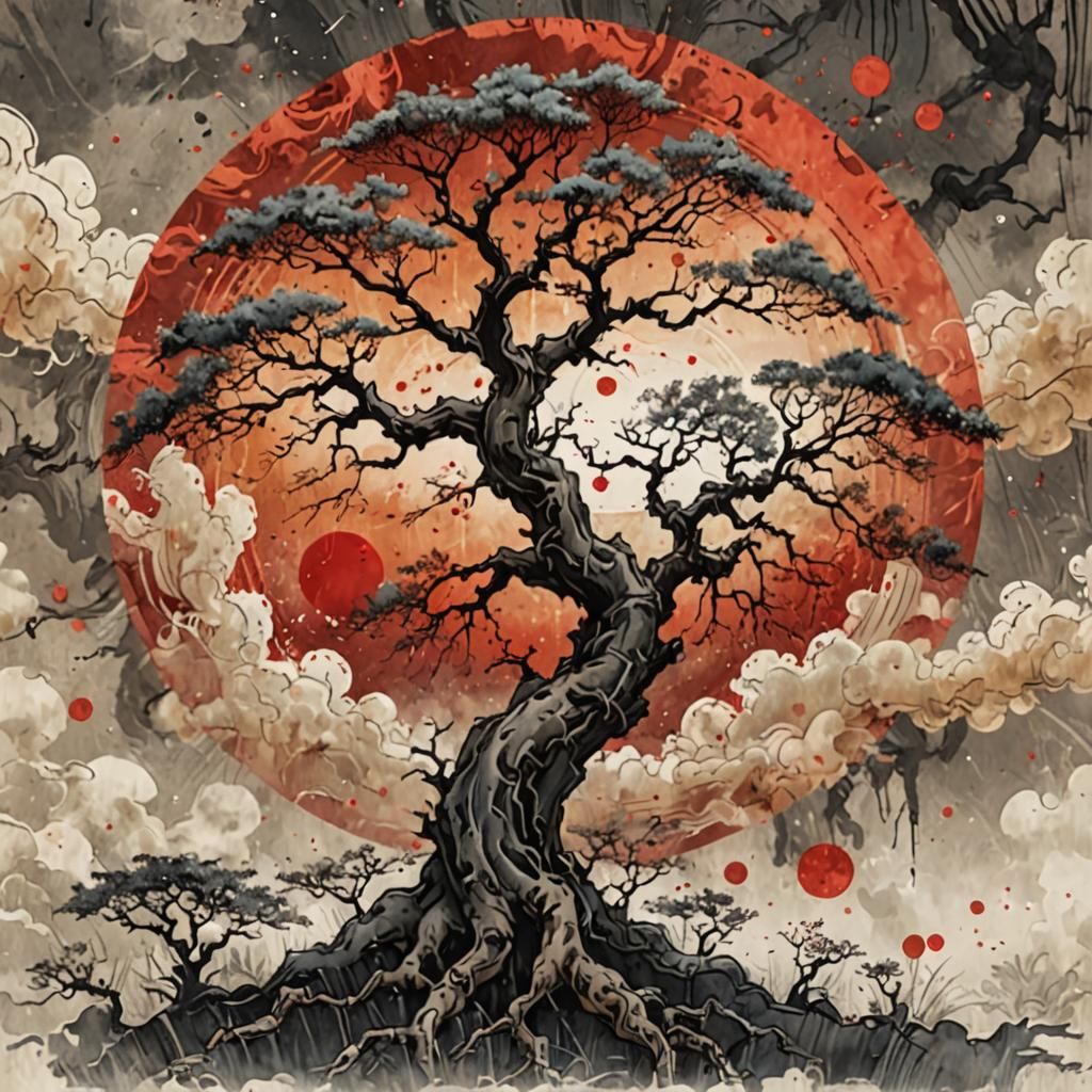 Old Tree Under Red Sun in Chinese Ink Style