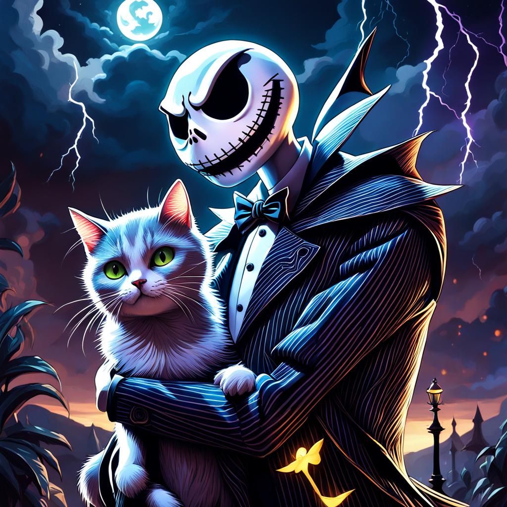 Jack Skellington and Cat in Stormy Night