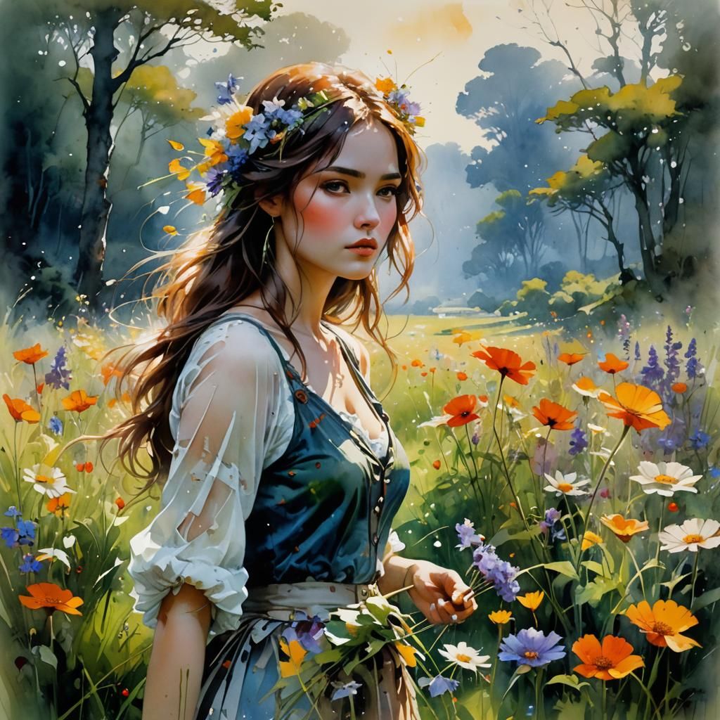 Detailed Watercolor Flower Meadow Painting