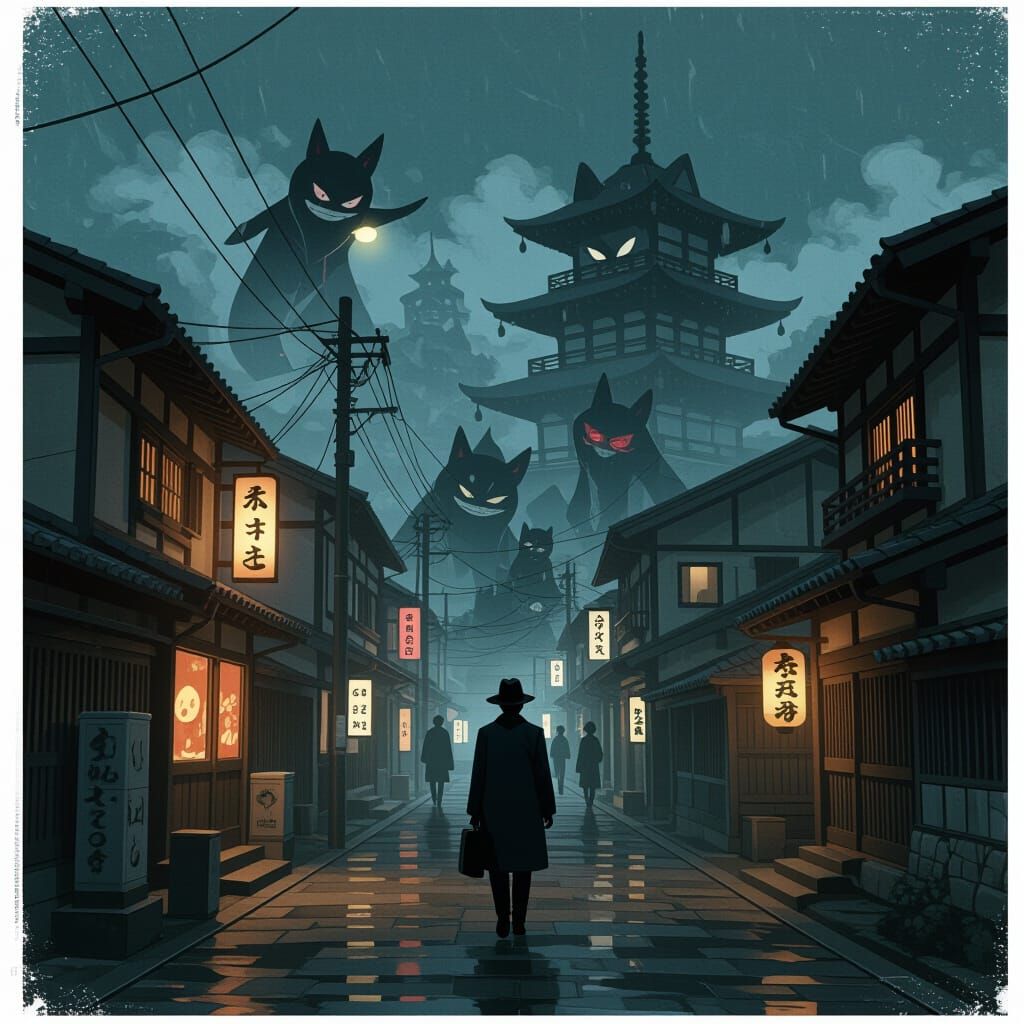 Haunted Village with Hidden Yokai in Cinematic Noir Style