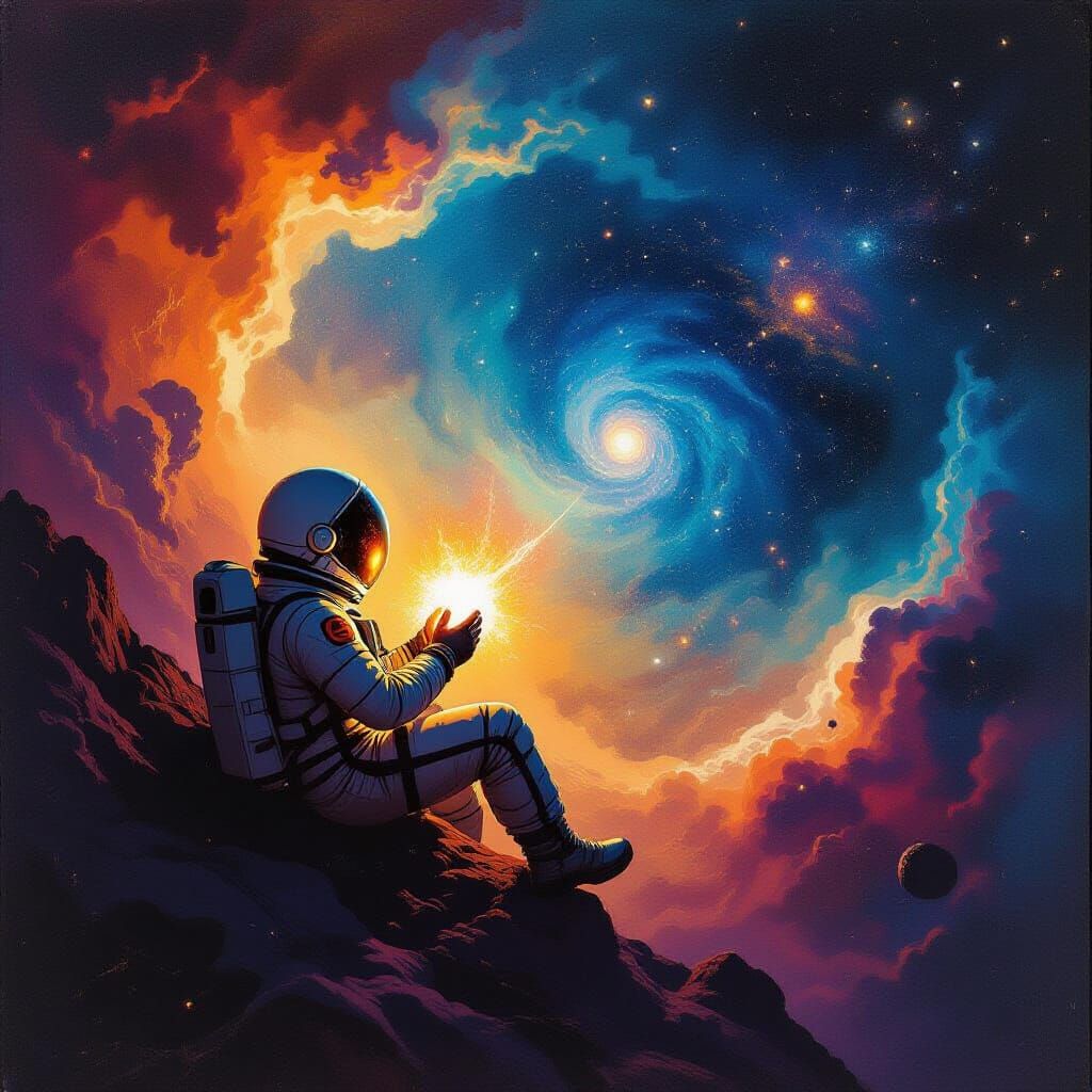 Astronaut Adrift in Nebula Clutching Glowing Artifact