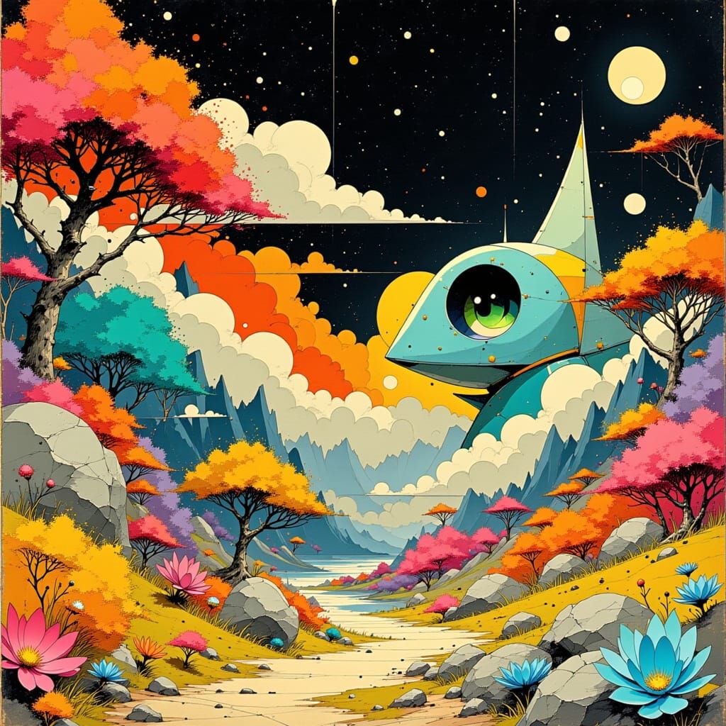 Robot and Kitty in Cosmic Celestialpunk Summer Scene