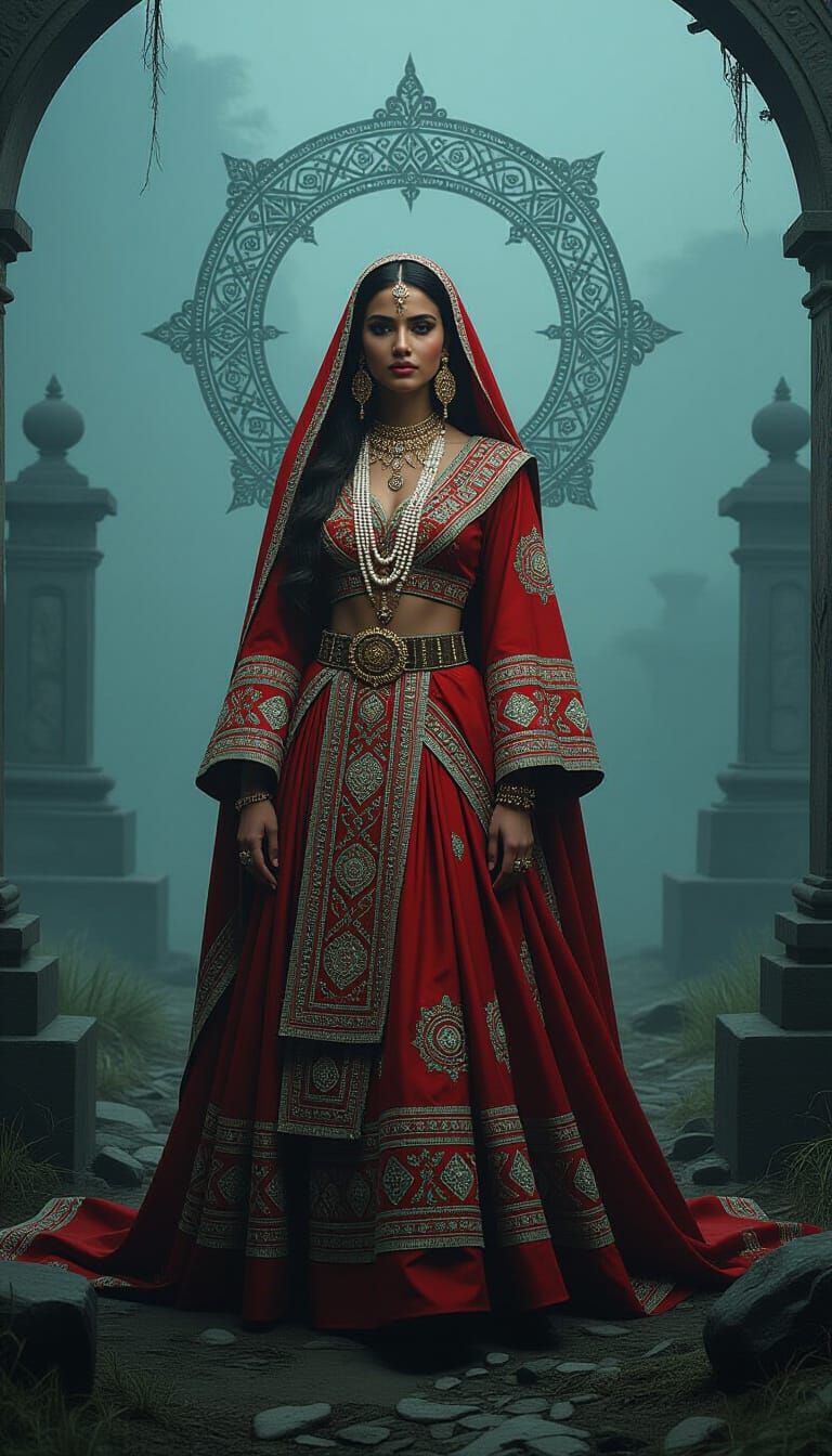 Hindi Woman in Folk Costume in Surreal Landscape