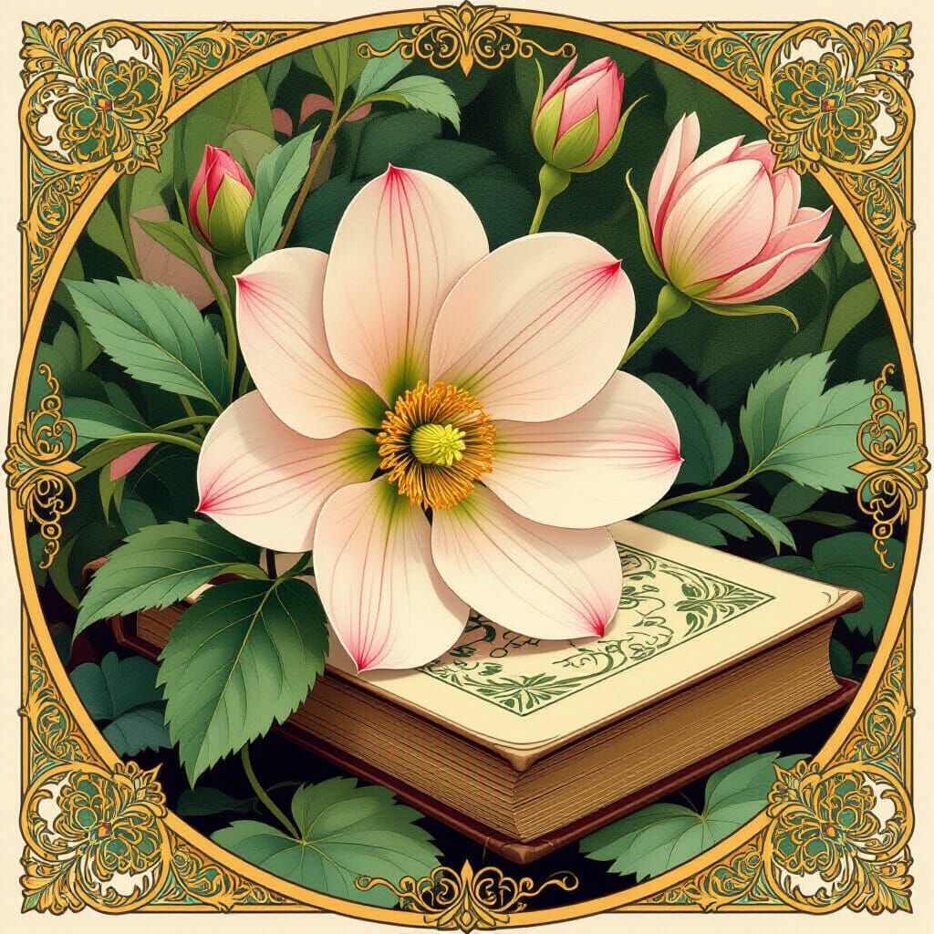 Art Nouveau Love Flower and Book in Poetic Garden