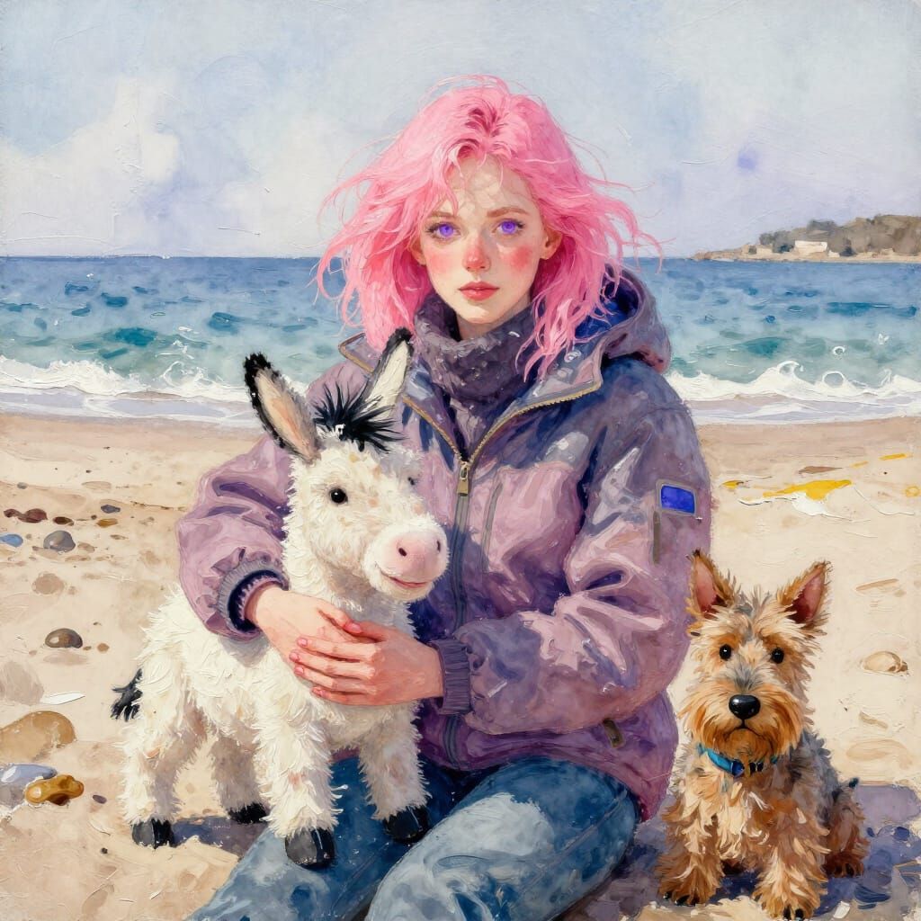 Pink Haired Woman With Animals On Beach In Winter