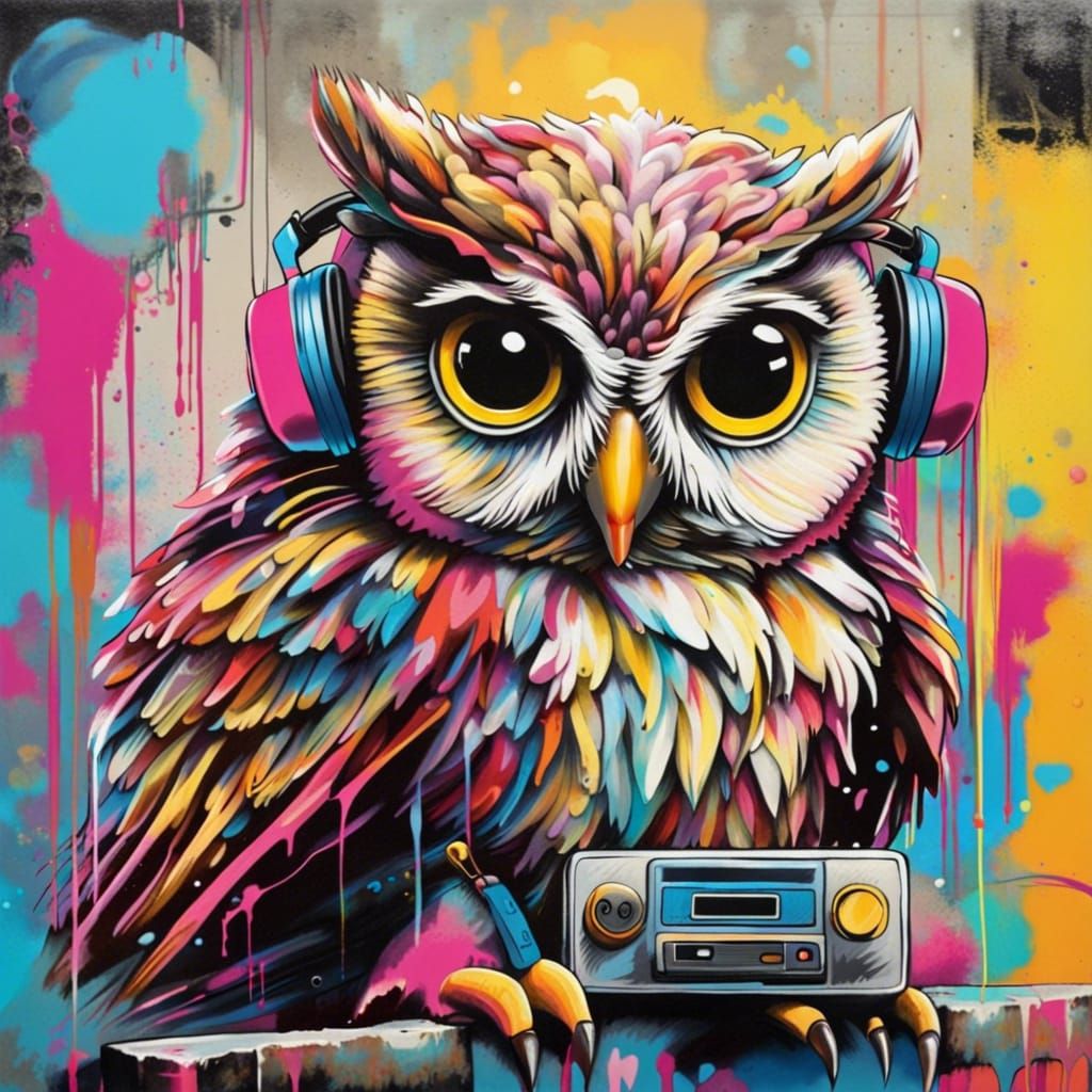 typical 80s scene. A very cute owl with a walkman and headphones. very detailed and razor sharp. in the background 80s g...