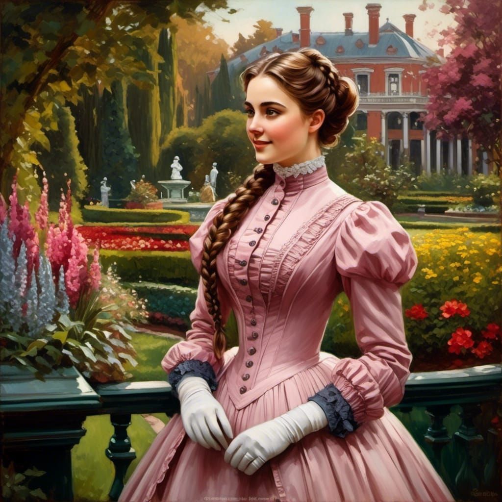 Victorian Girl in Botanic Garden with Mask