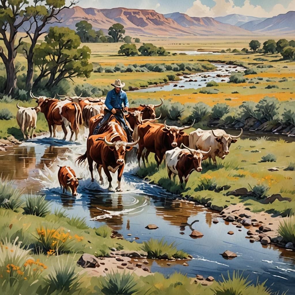 Cowboy Herding Cattle: Gouache, Watercolor Impressionist Pai...