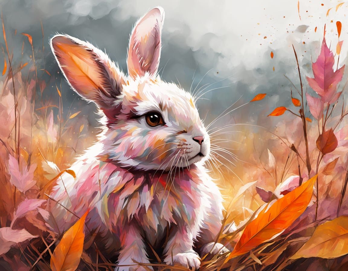 Cute Pink Rabbit in Autumn Field Splash Art