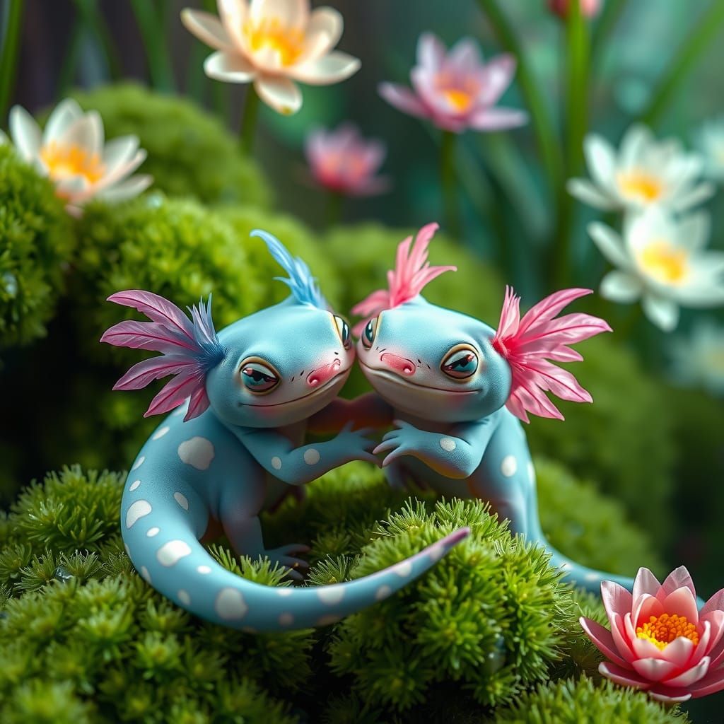 Axolotls in a Whimsical Aquatic Garden