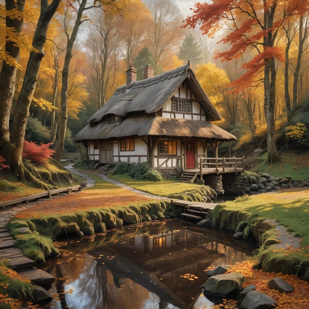 Autumn Cottage Beside Stream in Forest Landscape