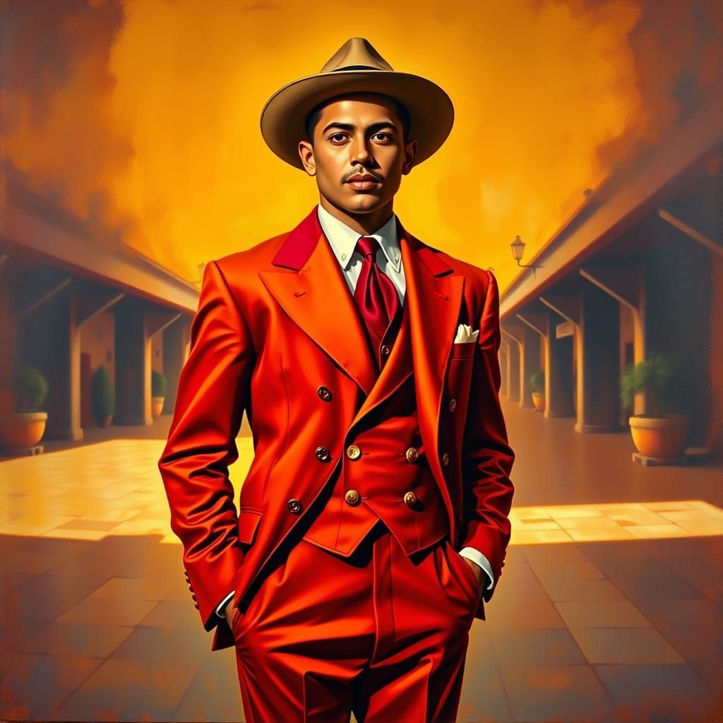 Handsome Young Man in 1940s Zoot Suit, Set Against Earthy Me...