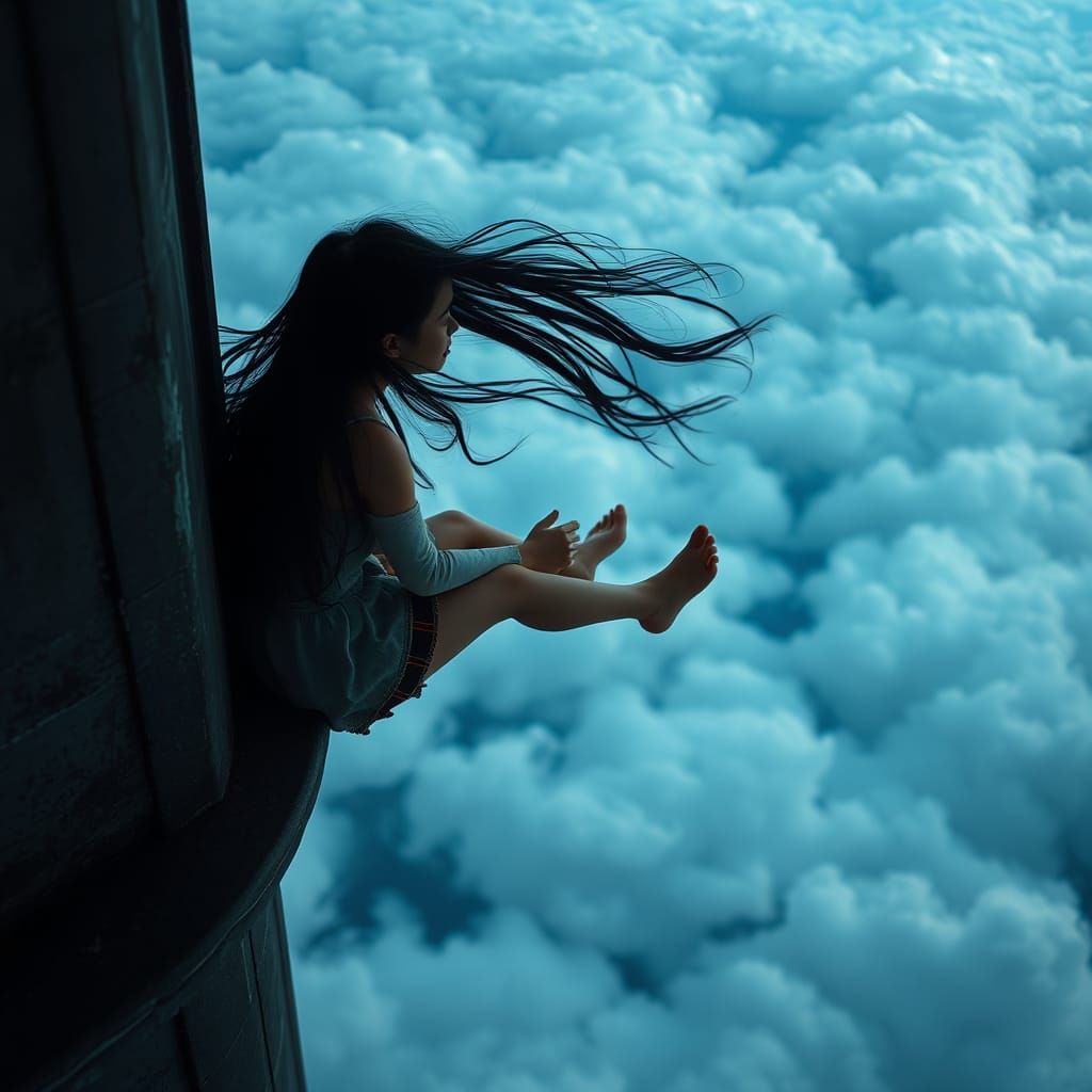 Girl Gazing at Night Sky from Tower