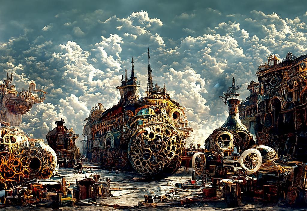 Steampunk Renaissance Cityscape in Kinetic Pointillism Style