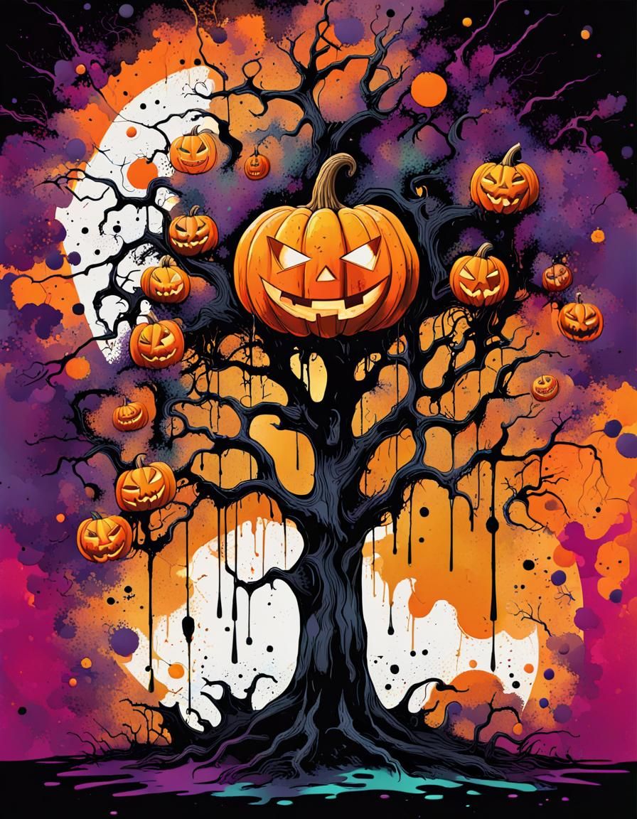 Halloween Tree Pumpkin in Abstract Pop Art Style