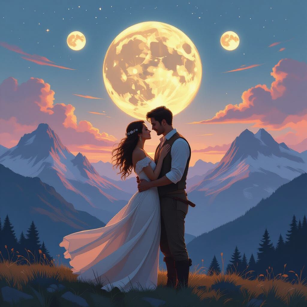 Celestial Embrace: Planet and Moons Above Mountains