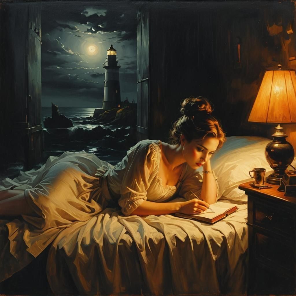 Noir Night Lighthouse Painting: Secrets and Danger