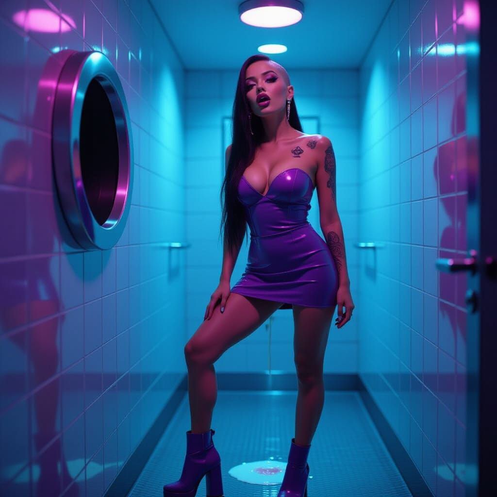 Surprised Woman in Purple Latex in Nightclub Restroom