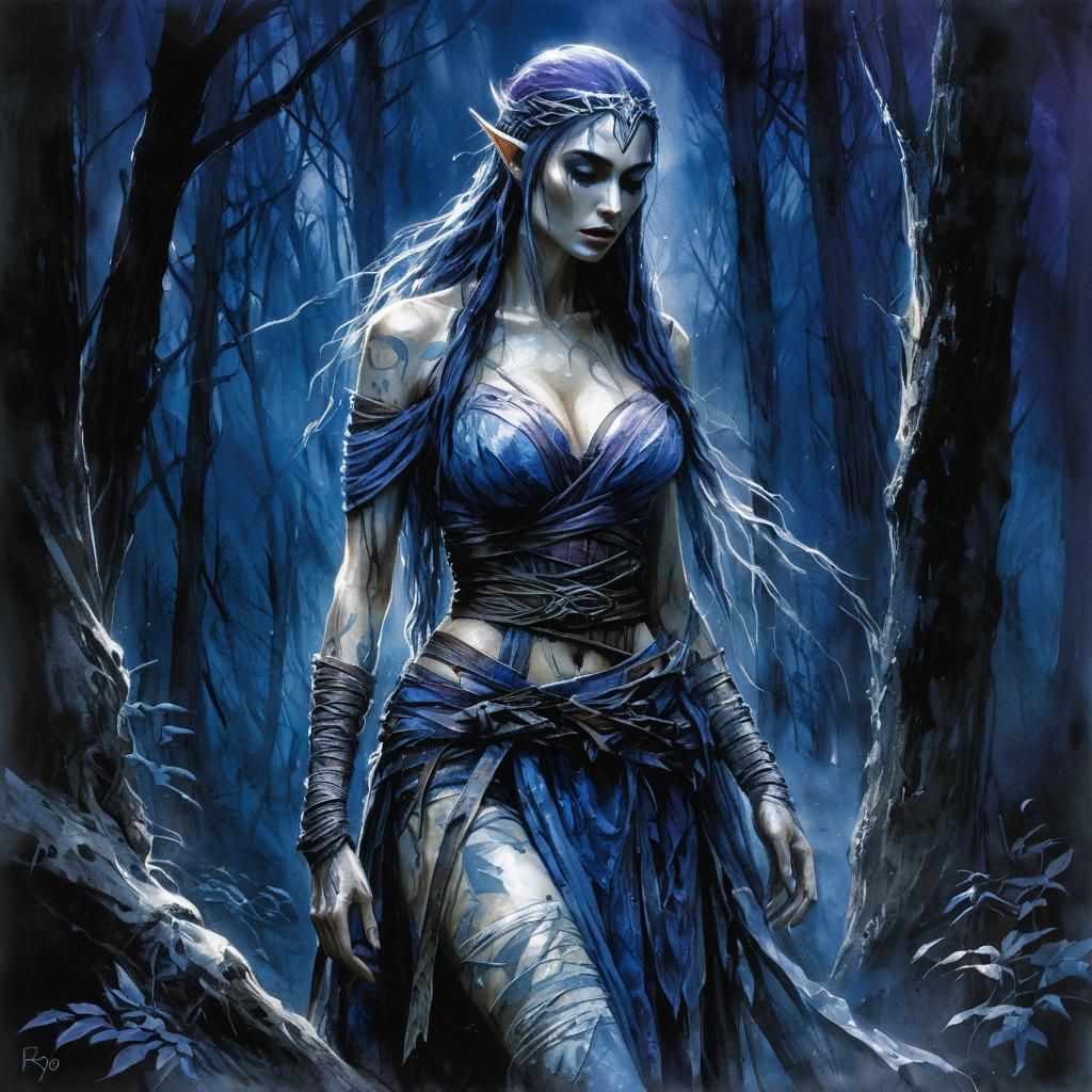 Luis Royo watercolor erotically bandages wraps distressed sk...