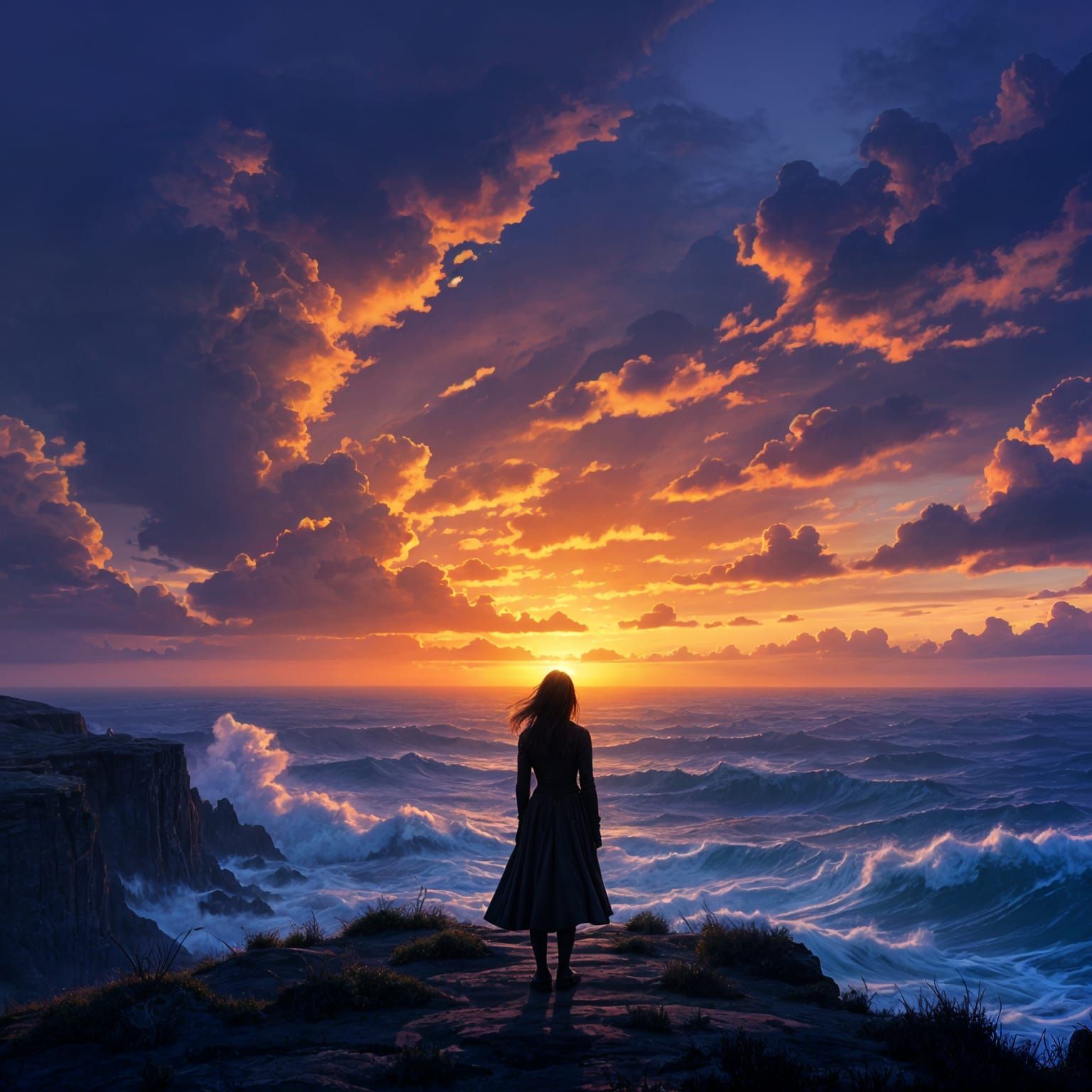 Solitary Woman on Cliff Overlooking Turbulent Ocean Sunset
