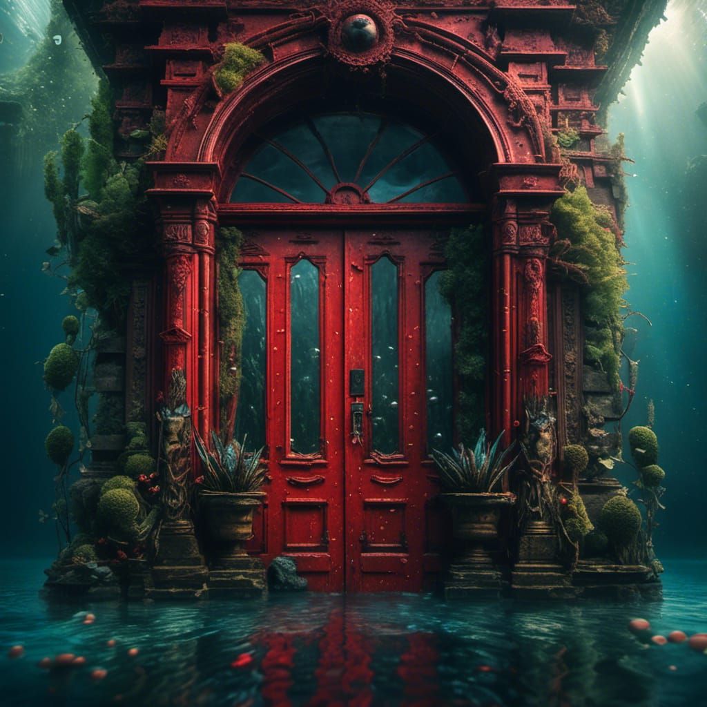 Underwater Red Door: Hyperreal Digital Portrait