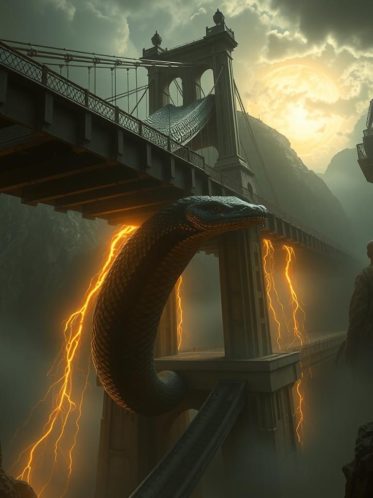 Great Snake's Coils Sag Bridge Under Golden Solar Punk Light