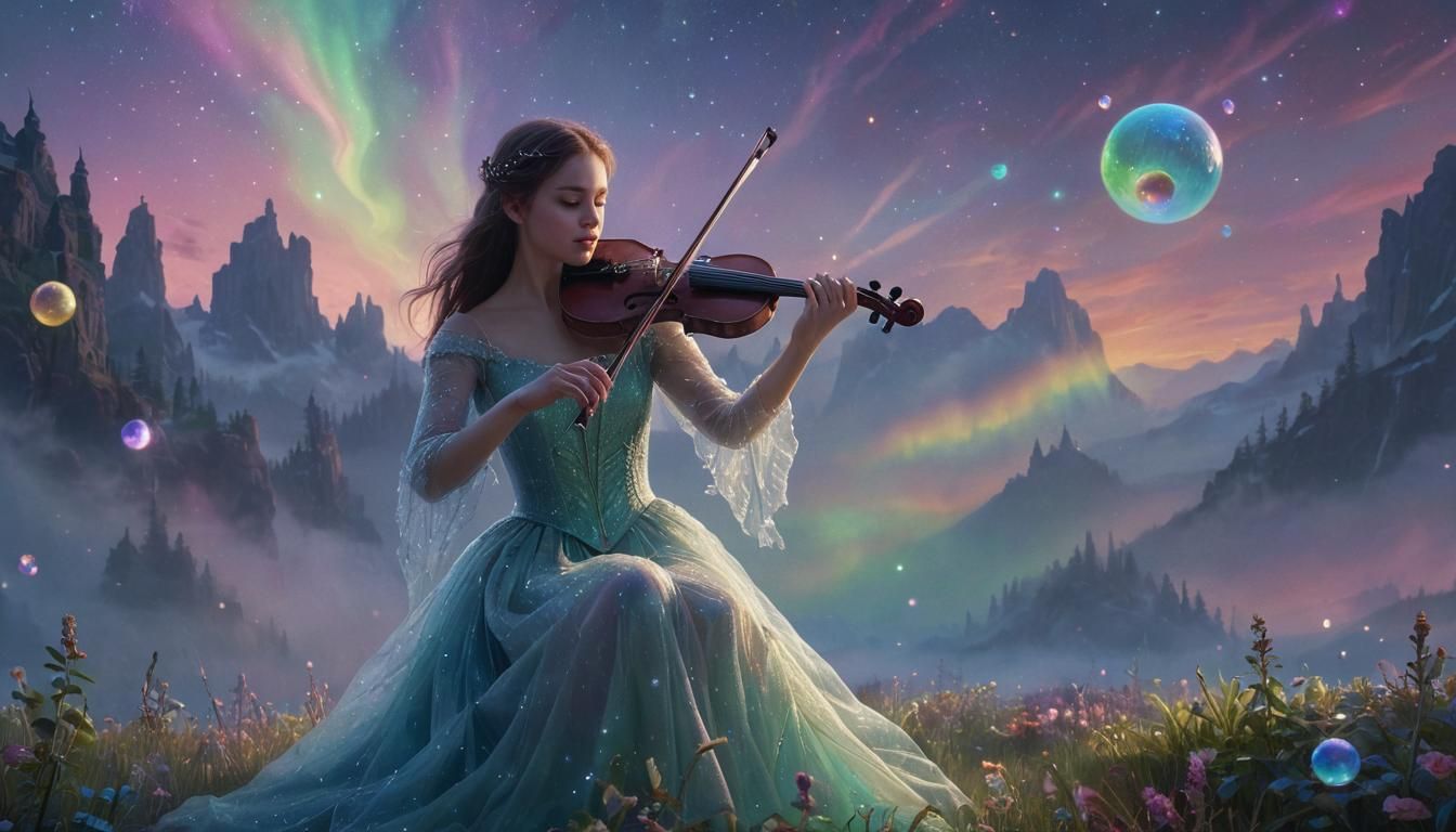 Ethereal Fantasy Woman Plays Violin in Aurora