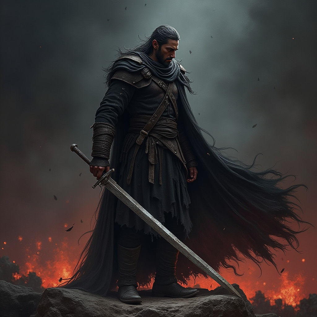 Solemn Warrior Ready for Battle in Dark Fantasy Style