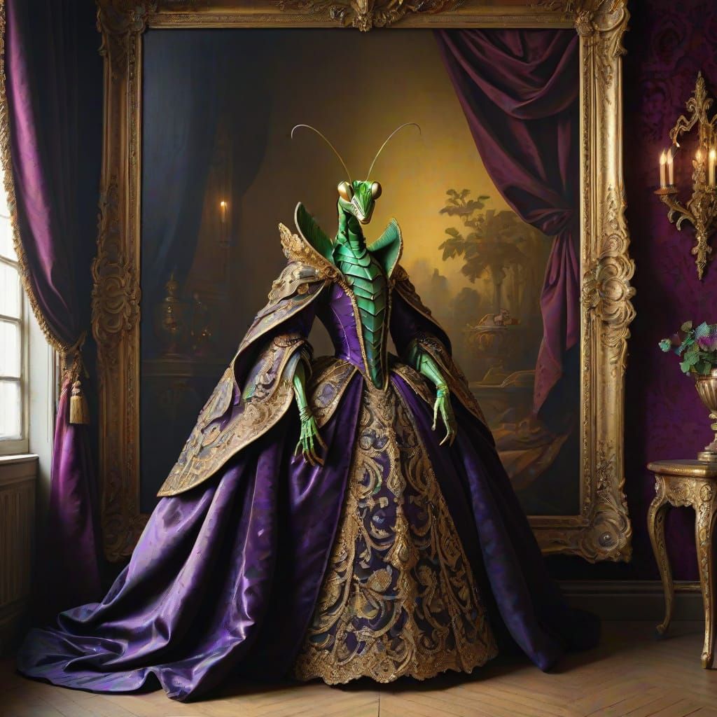 Regal Mantis in Baroque Gown - Opulent Interior