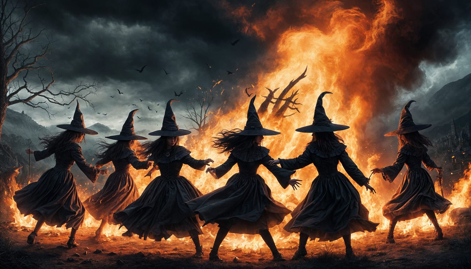 Scary Witches Dancing Around Bonfire on Stormy Night