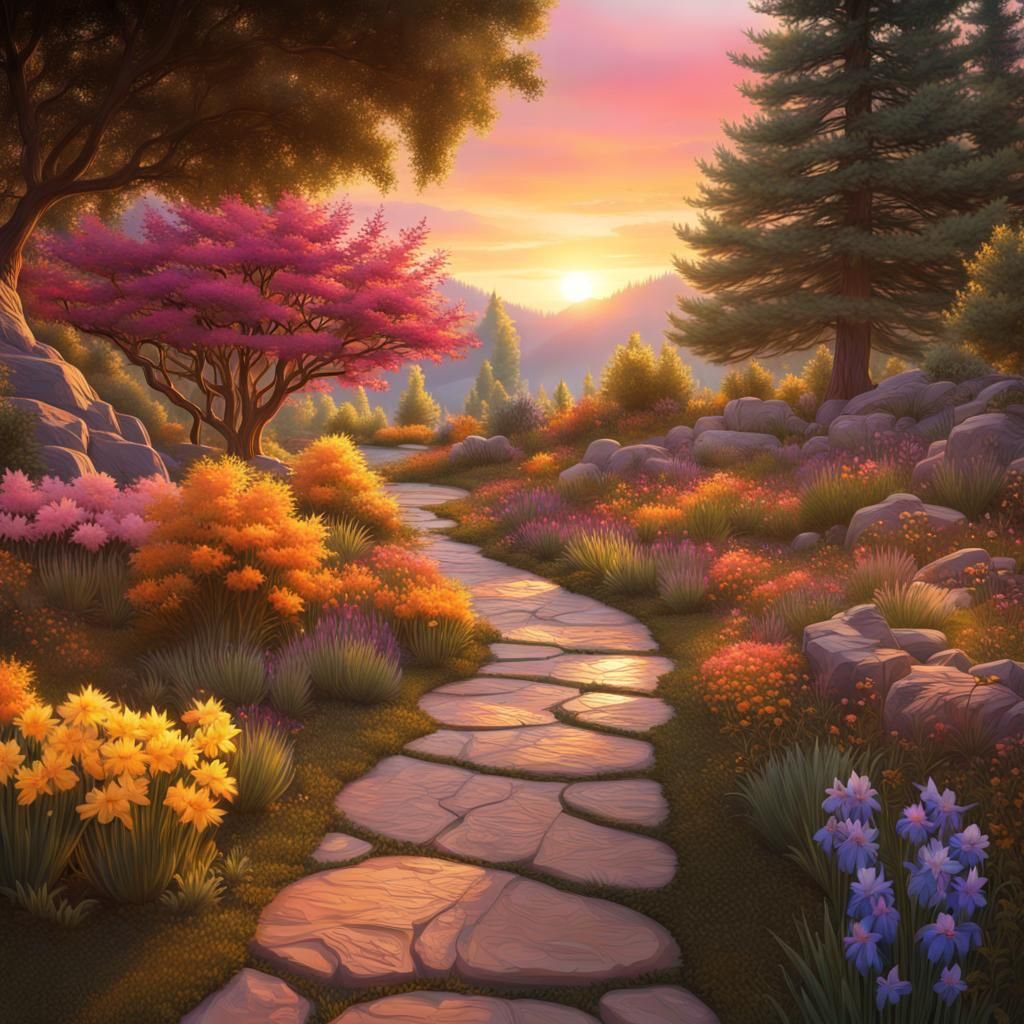 Sunrise Over Rock and Iris Garden: Matte Painting