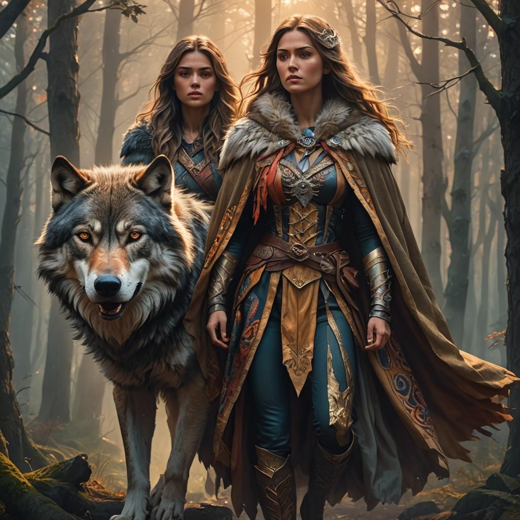 Woman and Wolf in Forest: Hyperrealistic Concept Art