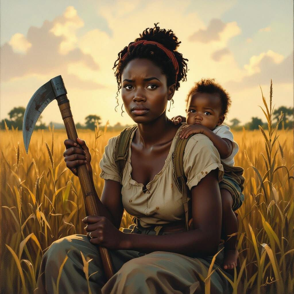 Worried Black Woman with Baby and Machete in Field at Sunset
