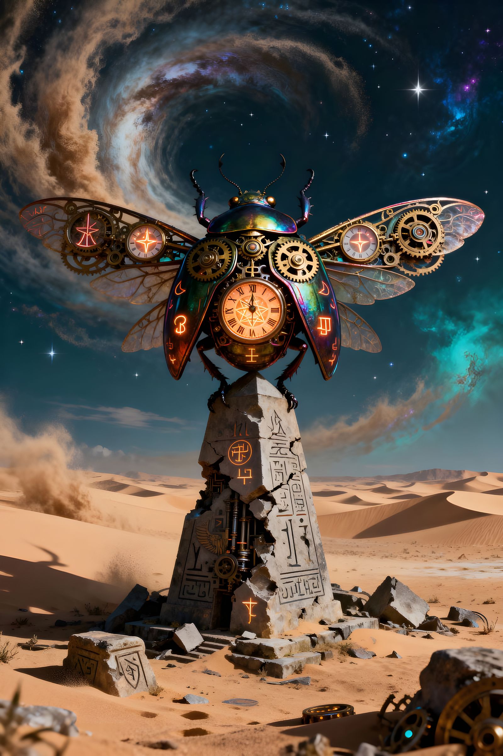 Biomechanical Beetle with Clockwork Wings on Obelisk
