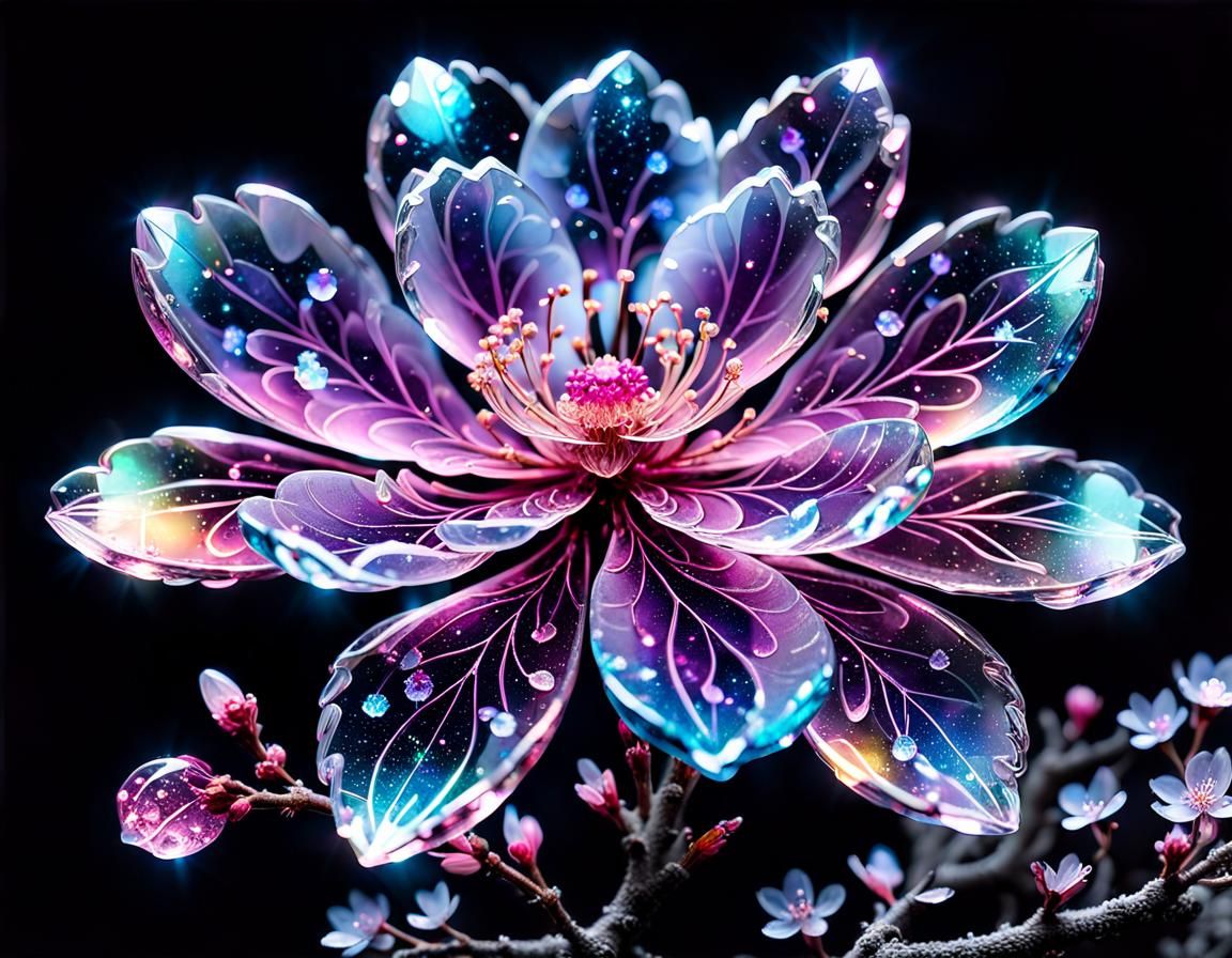 Ornate Bioluminescent Glass Sakura in Crystal Forest