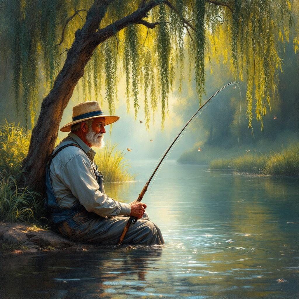 Impressionist Fisherman at Golden Hour by Riverbank