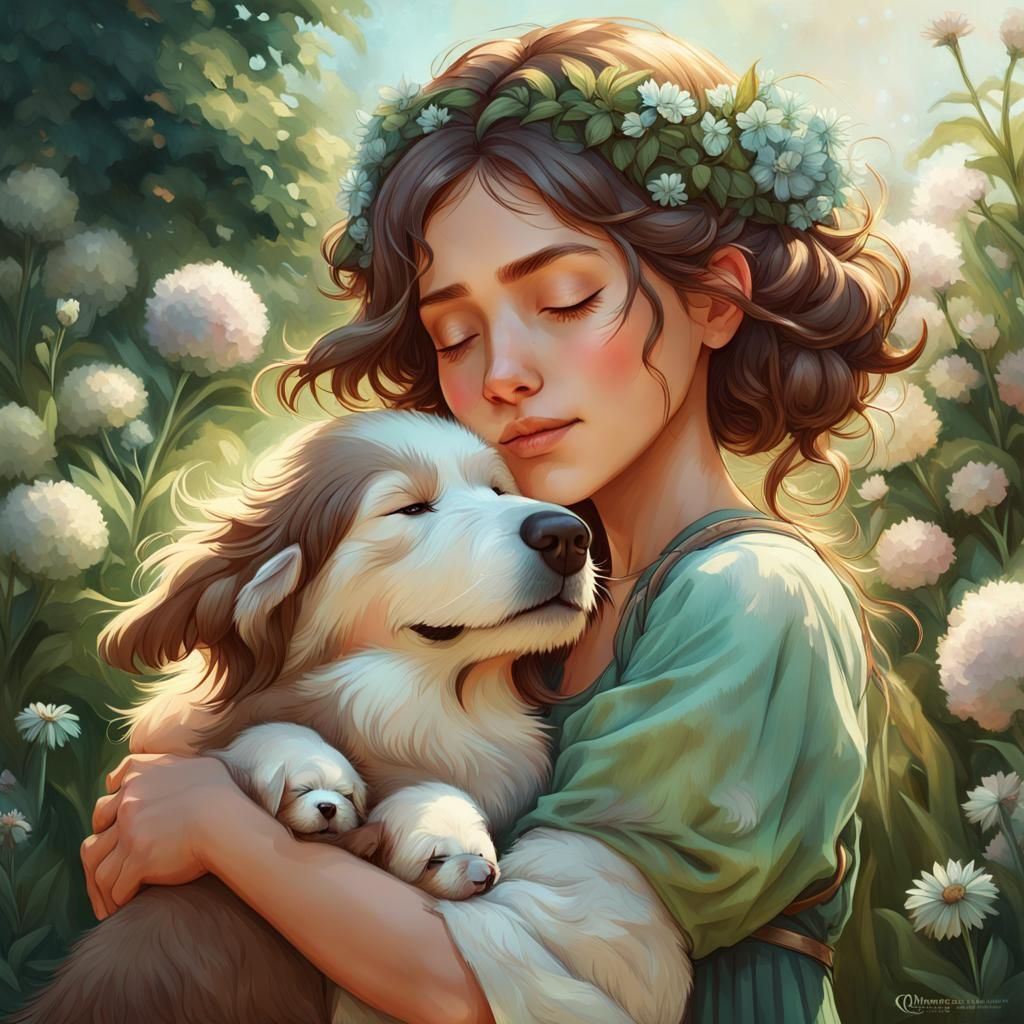 Girl Hugging Puppy in Garden, Hyperdetailed Art