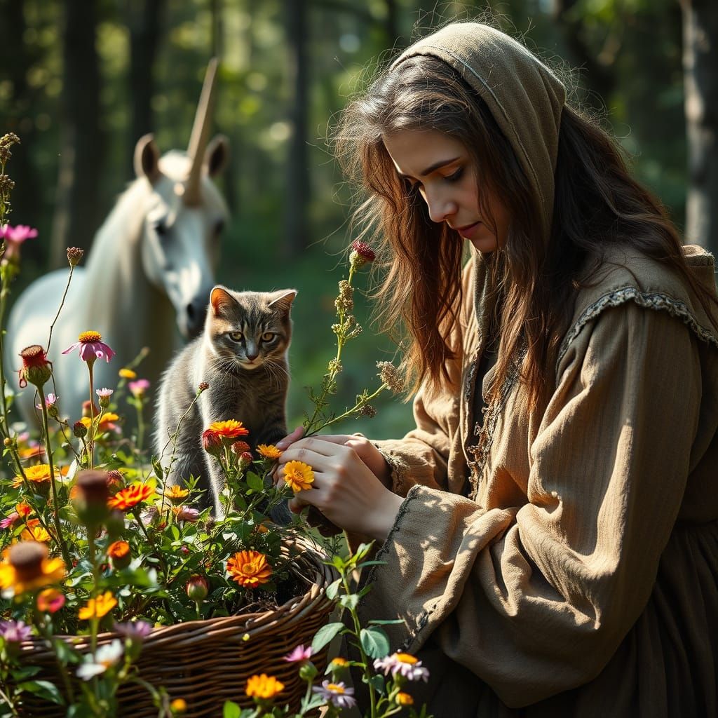 Herbalist Pruning Wildflowers in Forest Clearing