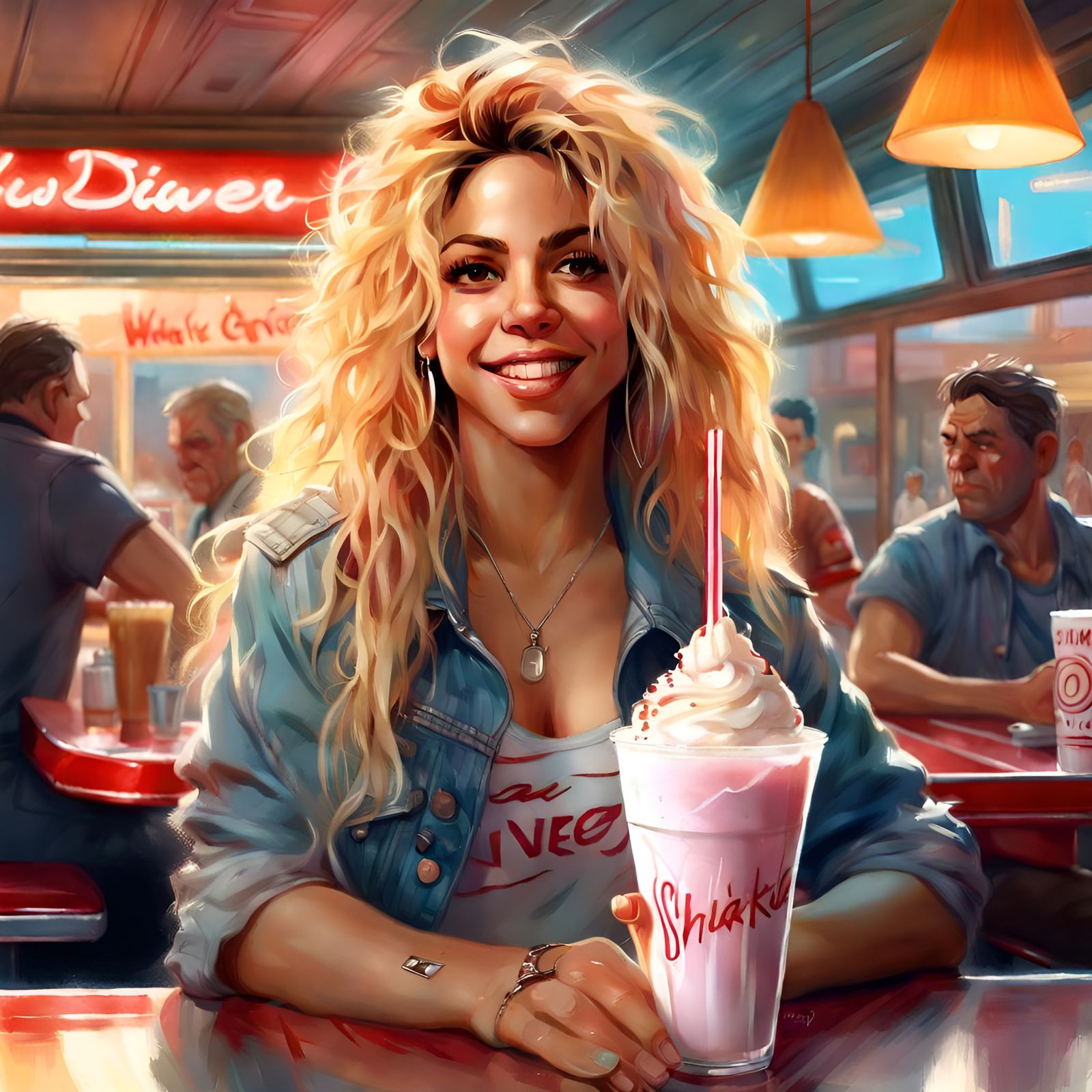 Shakira Portrait with Milkshake in Diner, Digital Art