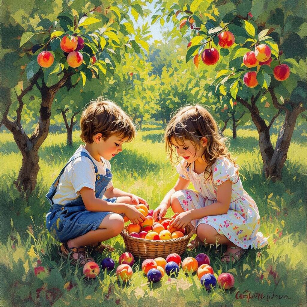 Summer Fruit Harvest in Impressionistic Orchard Scene