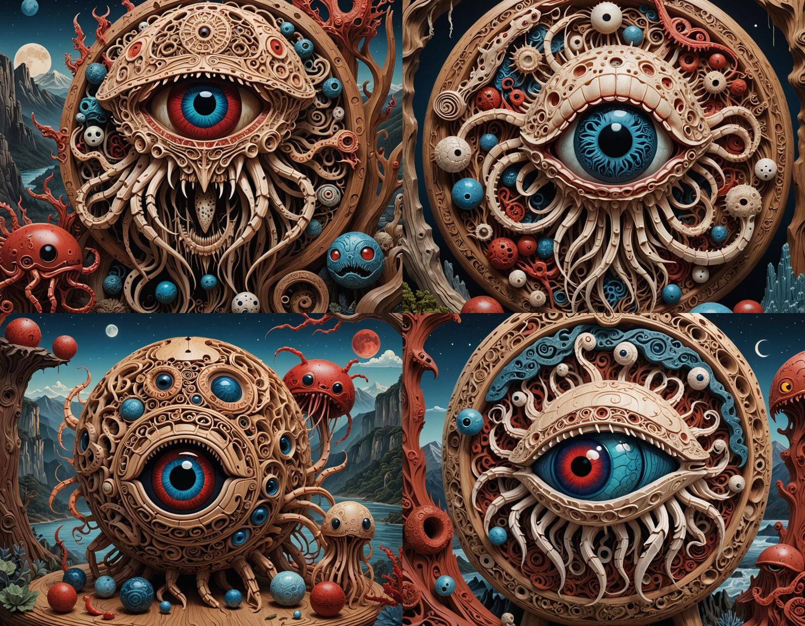 Detailed Wooden Prawn Jellyfish Eyeball with Faces
