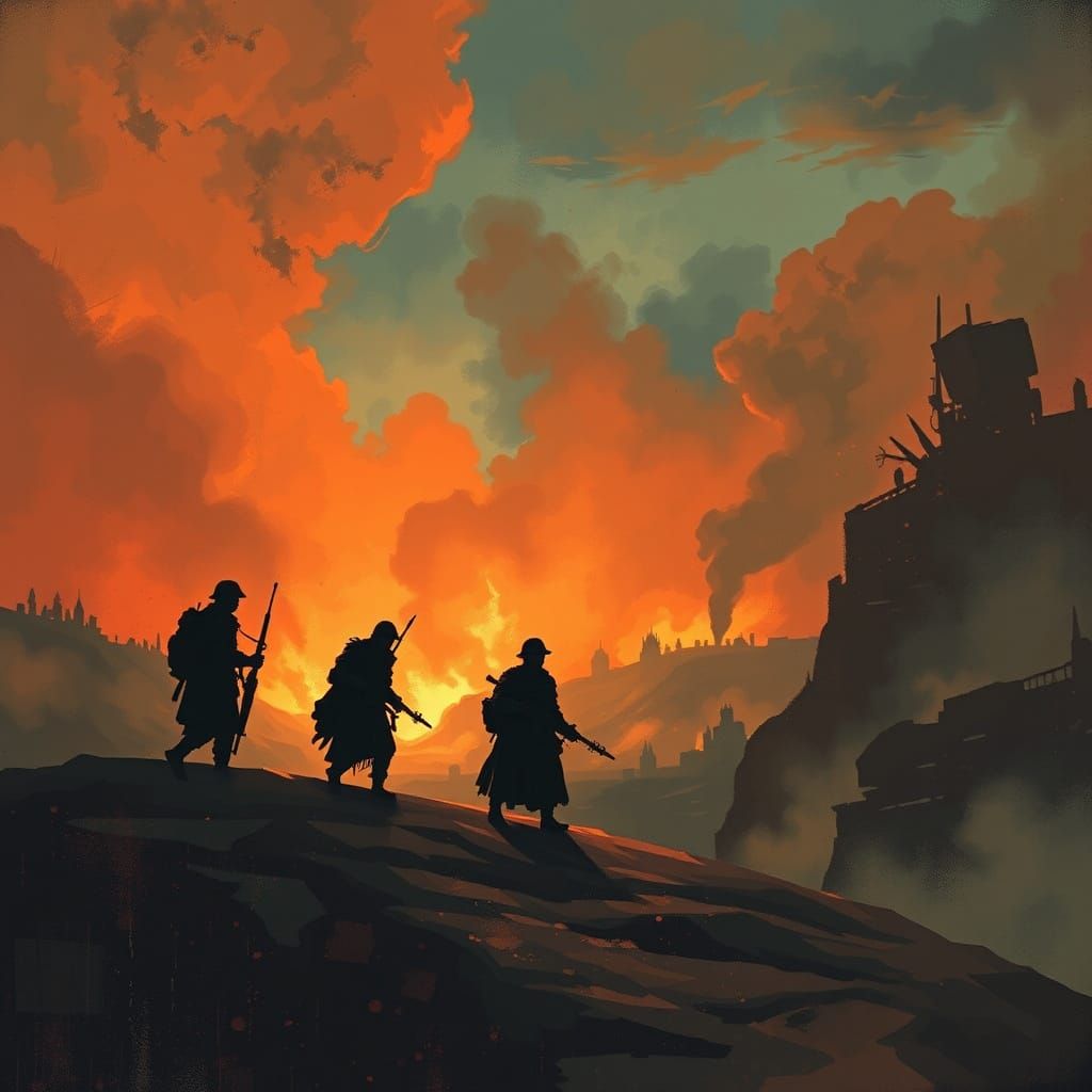 Epic Battle Landscape with Haunting Silhouettes
