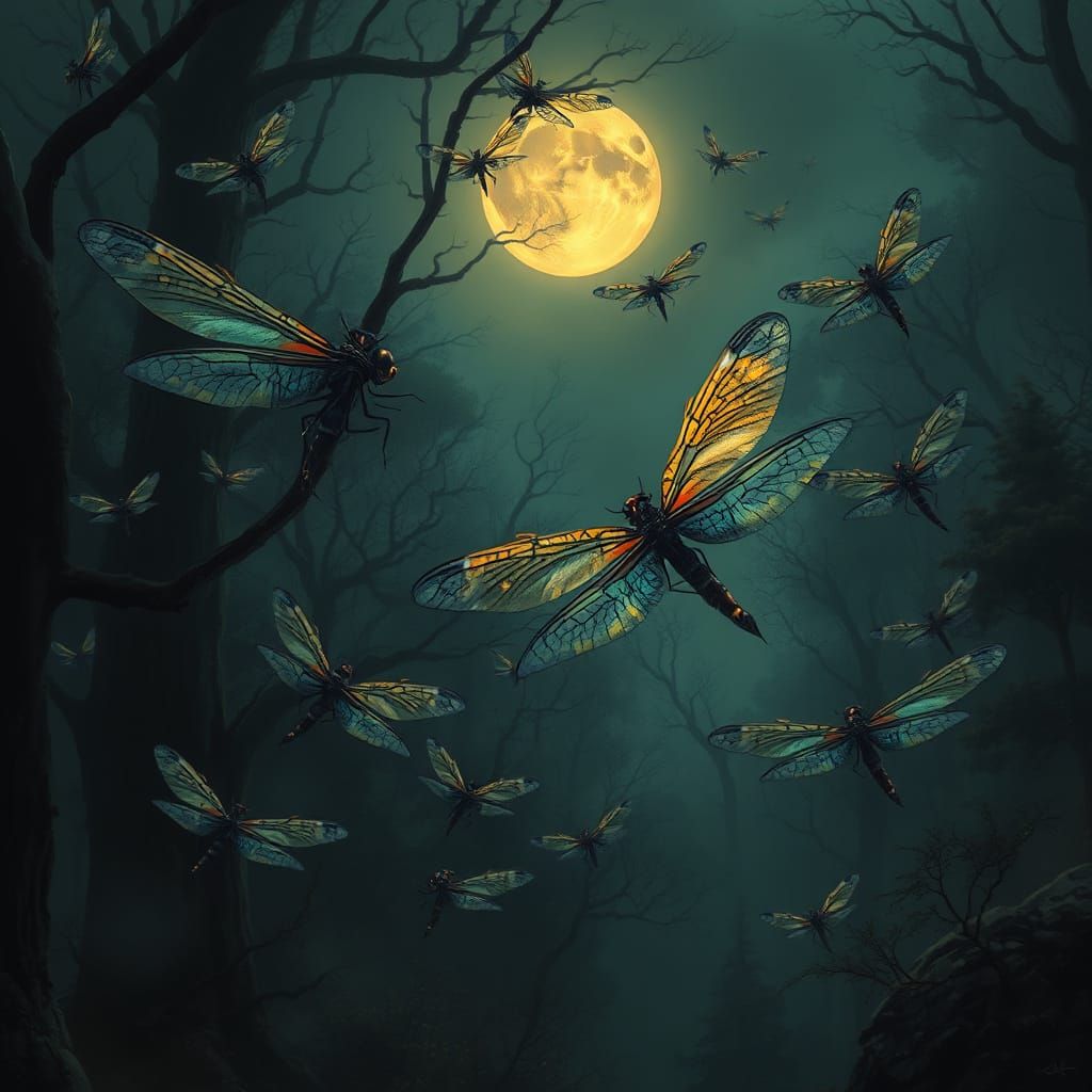 Giant Vicious Dragonflies Swarm Dark Forest